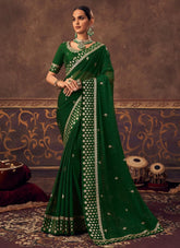 Chinnon Saree With Zari and Store Work In Green